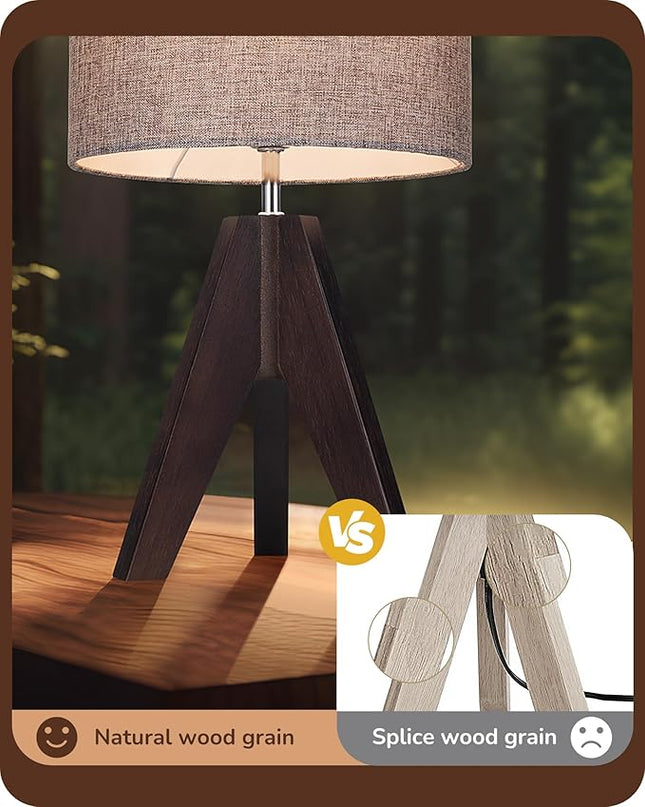 EDISHINE Boho Small Table Lamp, Walnut Color Wooden Tripod Bedside Lamp, Farmhouse Nightstand Lamp for Nursery, Bedroom, Office, Kid Room, Living Room, Grey Linen Lampshade, E26 Socket, 14.2 Inch - LeafyLoom