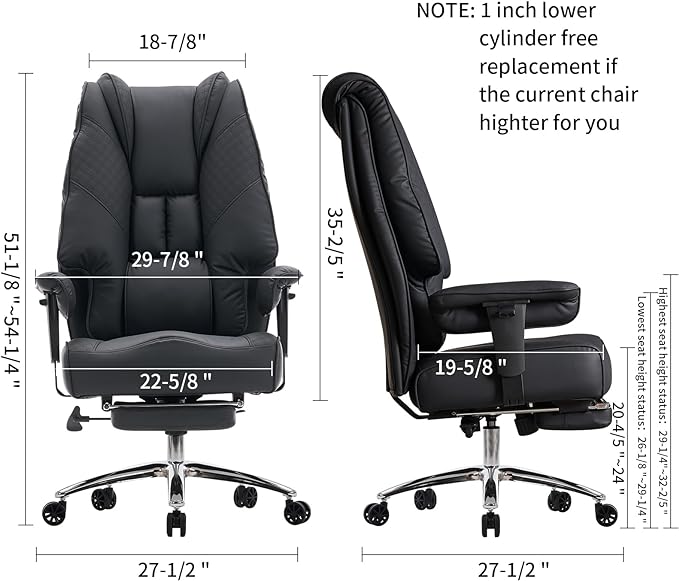Big and Tall Office Chair 400lbs Wide Seat, Leather High Back Executive Office Chair with Foot Rest, Ergonomic Office Chair Lumbar Support for Lower Back Pain Relief (Black) - LeafyLoom