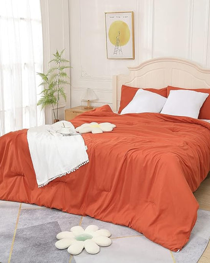 Terracotta Comforter for Queen Size Bed, Full Aesthetic Modern Burnt Orange Bedding Set for Women, Cute Soft & Lightweight Chic Microfiber Bed Sets, 3 pcs-1 Comforter & 2 Pillowcases (90“x90”) - LeafyLoom