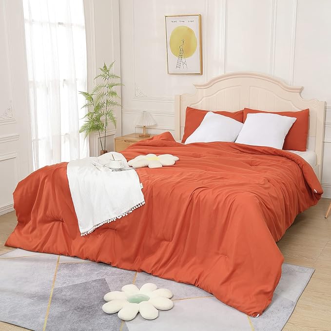 Terracotta Comforter Twin Size, Aesthetic Modern Burnt Orange Bedding Set for Girls/Women, Cute Soft & Lightweight Chic Microfiber Bed Sets, 2pc- 1 Comforter & 1 Pillowcase (66x90 Inches) - LeafyLoom