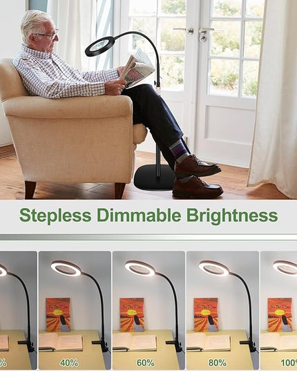 10X&5X Magnifying Glass with Light, 3-in-1 Magnifying Floor Lamp, Flexible Goose Neck, 3 Color Modes 10 Levels Dimmable LED Lighted Magnifier Lamp for Home Office Close Wrok Reading Hands Free - LeafyLoom