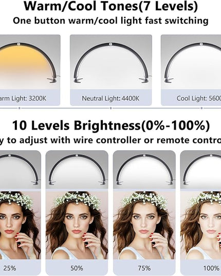 Half Moon Light for Nail Desk, 29in Half Moon Table Lamp Nail Desk Lamp with Wire Controller & Remote, Lash Light Lamp for Eyelash Extensions Tattoo PMU, 7 Cool/Warm Tones & 10 Brightness - LeafyLoom