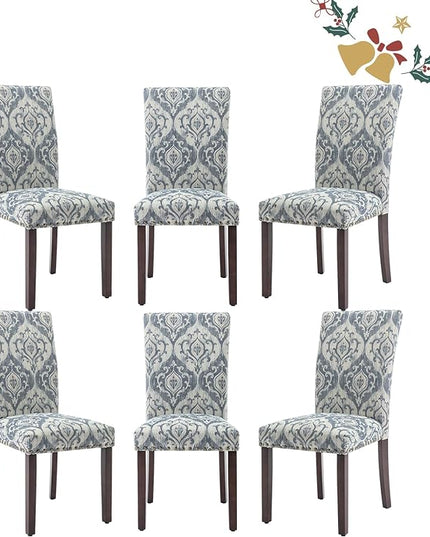 Parsons Dining Chairs Set of 6, Upholstered Nailhead Dining Room Kitchen Side Chair with Thick Cushions and Wood Legs, White/Blue - LeafyLoom