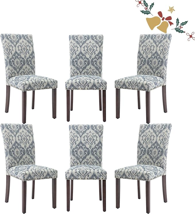 Parsons Dining Chairs Set of 6, Upholstered Nailhead Dining Room Kitchen Side Chair with Thick Cushions and Wood Legs, White/Blue - LeafyLoom