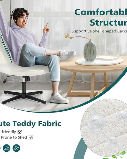 OLIXIS Cross Legged Armless Wide Adjustable Swivel Padded Home Office Desk Chair, Off White - LeafyLoom