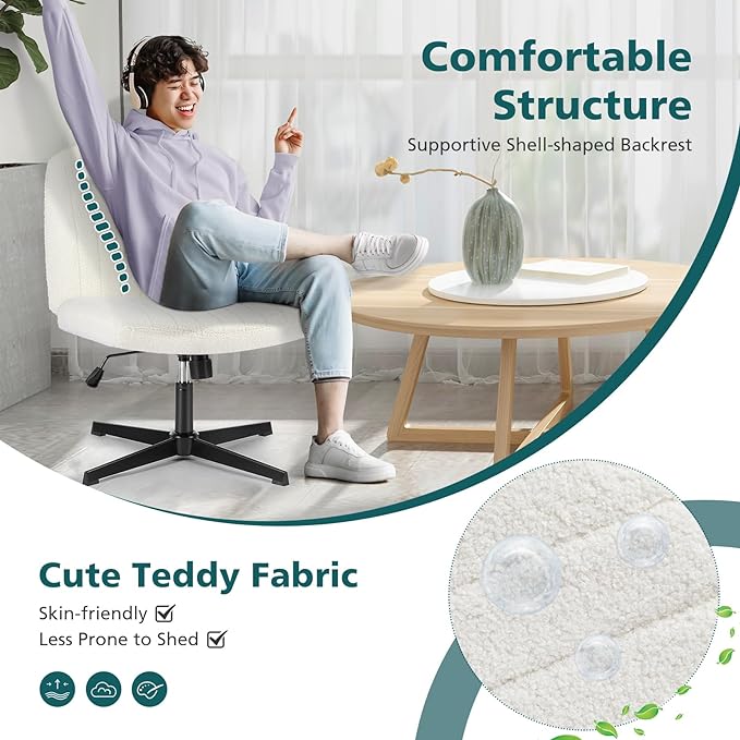 OLIXIS Cross Legged Armless Wide Adjustable Swivel Padded Home Office Desk Chair, Off White - LeafyLoom