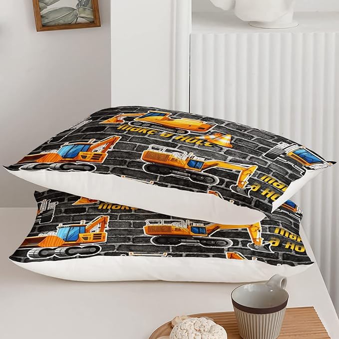 Axolotl Excavator Bedding Set Full Size,Yellow Excavator Bed Comforter for Kids Boys Teens,Tractor Truck Bedding Set for Boys,Construction Bedding Set for Boys,1 Quilt 2 Pillowcases,Deep Grey - LeafyLoom
