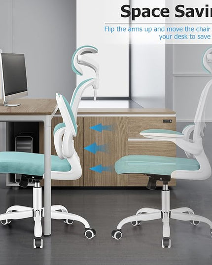 Ergonomic Office Chair, High Back Mesh Desk Chair with Lumbar Support and Adjustable Headrest, Computer Gaming Chair with Flip-up Armrests, Executive Swivel Chair for Home Office (MintGreen) - LeafyLoom