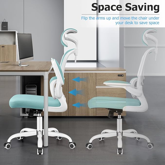 Ergonomic Office Chair, High Back Mesh Desk Chair with Lumbar Support and Adjustable Headrest, Computer Gaming Chair with Flip-up Armrests, Executive Swivel Chair for Home Office (MintGreen) - LeafyLoom