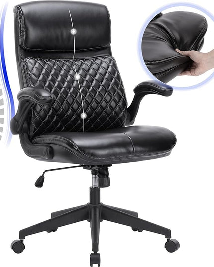 COLAMY Home Office Chair 275LBS Executive Leather Office Chair with Padded Flip-up Arms, Adjustable Height and Tilt Lock, Black - LeafyLoom
