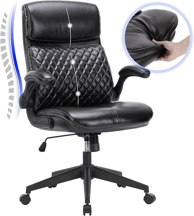 COLAMY Home Office Chair 275LBS Executive Leather Office Chair with Padded Flip-up Arms, Adjustable Height and Tilt Lock, Black - LeafyLoom