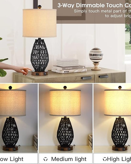 Touch Control Rattan Table Lamps, 3 Way Dimmable Bedside Lamps for Bedroom Set of 2 with 2 USB Ports and AC Outlet, Black Wicker Nightstand Lamps for Living Room (LED Bulbs Included) - LeafyLoom
