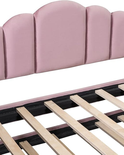 Twin Size Upholstered Daybed with Trundle and Striped Headboard, Velvet Sofa Bed w/USB Charging Ports & Side Pockets, for Bedroom Living Room, No Box-spring Needed, Pink - LeafyLoom