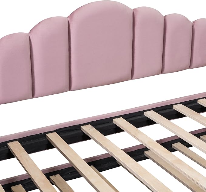Twin Size Upholstered Daybed with Trundle and Striped Headboard, Velvet Sofa Bed w/USB Charging Ports & Side Pockets, for Bedroom Living Room, No Box-spring Needed, Pink - LeafyLoom