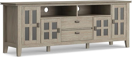 SIMPLIHOME Artisan SOLID WOOD Universal TV Media Stand, 72 inch Wide, Transitional, Living Room Entertainment Center, Storage Cabinet, for Flat Screen TVs up to 80 inches in Distressed Grey - LeafyLoom