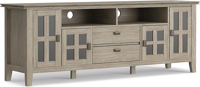 SIMPLIHOME Artisan SOLID WOOD Universal TV Media Stand, 72 inch Wide, Transitional, Living Room Entertainment Center, Storage Cabinet, for Flat Screen TVs up to 80 inches in Distressed Grey - LeafyLoom