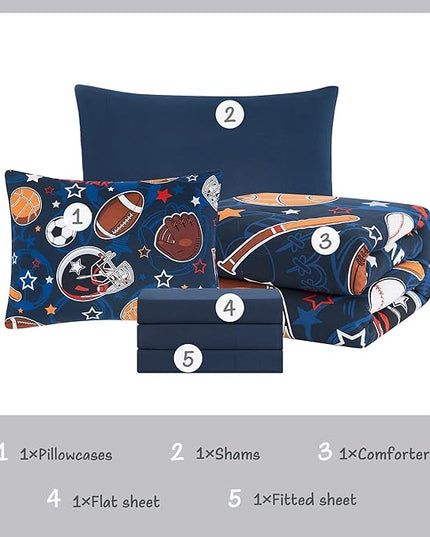 Sports Ball Games Twin Comforter Set with Sheets - 5 Pieces Kids Twin Bedding Sets for Boys, Glow in The Dark Baseball Basketball Football Soccer Twin Bed in a Bag for Kids, Teens - LeafyLoom