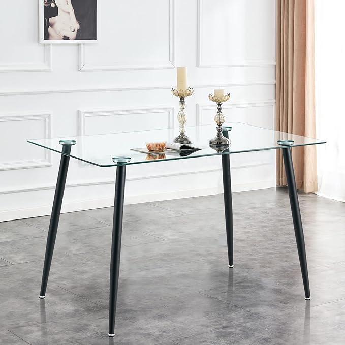 NicBex 51.2Inch Rectangular Dining Table,Minimalist Kitchen Table with Tempered Glass Tabletop and Black Metal Legs for 4 to 6,Dining Room Table for Kitchen,Meeting Room and Living Room,Transparent - LeafyLoom