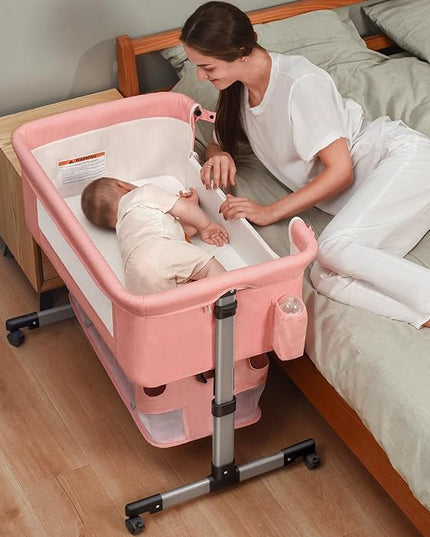 Baby Crib,3 in 1 Bedside Crib Adjustable Portable Bed for Infant,Baby Bassinet Baby Newborn Must Have Bed,Pink - LeafyLoom