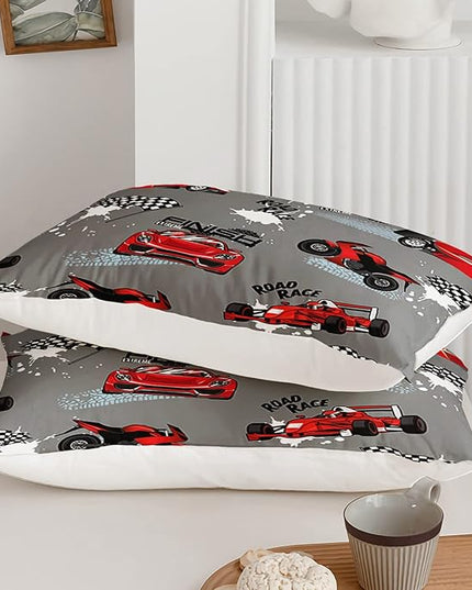 Axolotl Kid Comforter Set Queen Size,Racing Car Bedding Set for Boys Girls Teen Car Racing Gifts,Race Cars Quilt Bed Set with 1 Comforter 2 Pillowcases,Red Grey - LeafyLoom