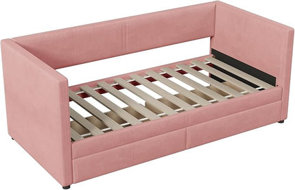 Twin Size Corduroy Daybed with 2 Storage Drawers, Day Bed with Solid Wood Slat Support for Bedroom Living Room Guestroom, No Box Spring Needed, Pink - LeafyLoom