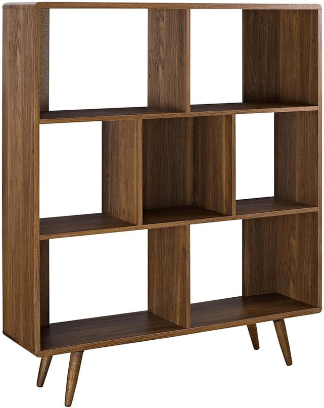 Modway Transmit Mid-Century Offset Cube Wood 7 tier Bookcase in Walnut - LeafyLoom