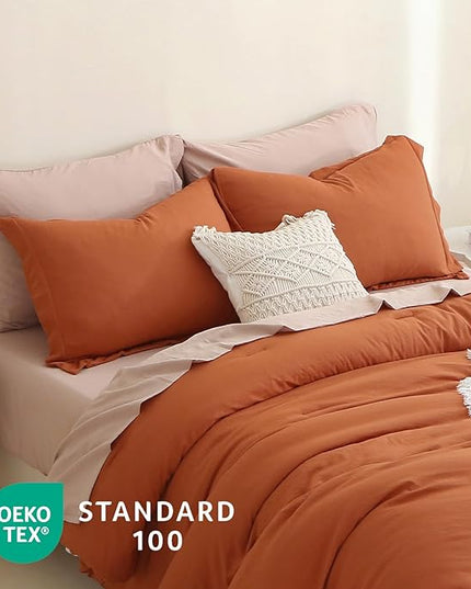 MILDLY Full Size Comforter Set 7 Piece Color Clash, Rust Bed in a Bag, All Season Bedding Sets with 1 Comforter, 2 Pillow Shams, 2 Pillowcases, 1 Flat Sheet, 1 Fitted Sheet - LeafyLoom