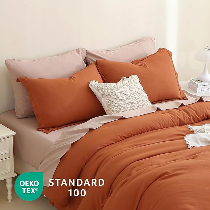 MILDLY Full Size Comforter Set 7 Piece Color Clash, Rust Bed in a Bag, All Season Bedding Sets with 1 Comforter, 2 Pillow Shams, 2 Pillowcases, 1 Flat Sheet, 1 Fitted Sheet - LeafyLoom