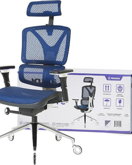 Nouhaus Ergonomic Office Chair Lumbar Support Aluminum Alloy Backrest, Big and Tall Mesh Computer Desk Chair with Adjustable Headrest, 4D Armrest and Premium Wheels(ErgoPRO,Blue) - LeafyLoom
