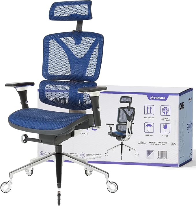 Nouhaus Ergonomic Office Chair Lumbar Support Aluminum Alloy Backrest, Big and Tall Mesh Computer Desk Chair with Adjustable Headrest, 4D Armrest and Premium Wheels(ErgoPRO,Blue) - LeafyLoom