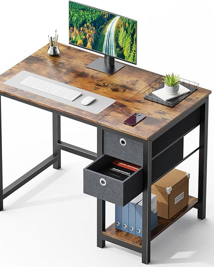 SMUG Computer Desk with Storage Drawers, 40 Inch Small Office Desk Modern Simple Workstation Study Writing Table for Home Bedroom, Rustic Brown - LeafyLoom