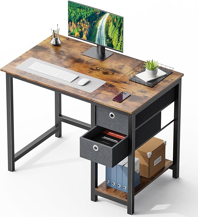 SMUG Computer Desk with Storage Drawers, 40 Inch Small Office Desk Modern Simple Workstation Study Writing Table for Home Bedroom, Rustic Brown - LeafyLoom