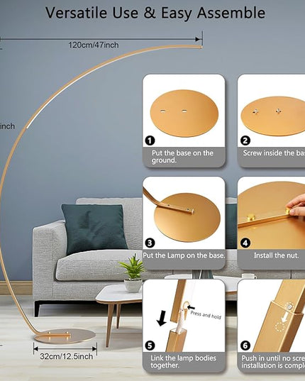 NUÜR Arc Floor Lamp, 67" Tall Gold LED Modern Standing Floor Lamp with Remote Control, Arched Bright Floor Lamps for Living Room Bedroom Office Home - LeafyLoom