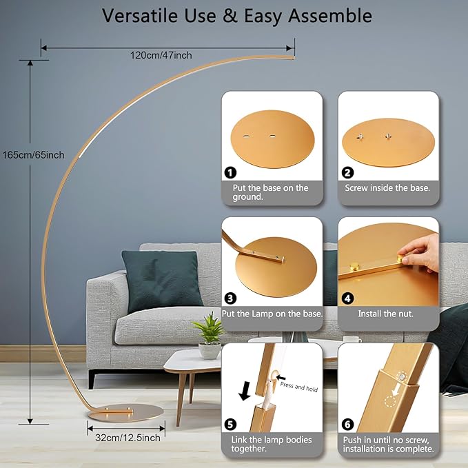 NUÜR Arc Floor Lamp, 67" Tall Gold LED Modern Standing Floor Lamp with Remote Control, Arched Bright Floor Lamps for Living Room Bedroom Office Home - LeafyLoom