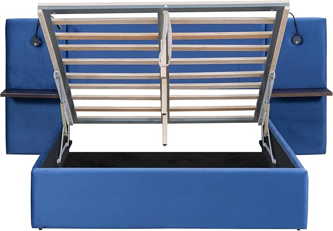 Full Size Storage Upholstered Hydraulic Platform 2 Shelves and Two Lights,Modern Velvet Fabric Bed Frame,W/USB Ports,No Box Spring Required,for Bedroom, Apartment,Blue - LeafyLoom