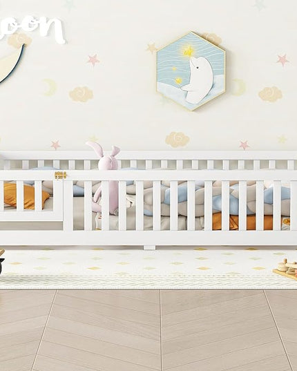 Multifunctional Twin Size Floor Bed with Safety Guardrails and Door, Removable Wood Slats, Montessori Beds Frame for Toddlers, Easy Assembly, for Boys and Girls Room, White - LeafyLoom