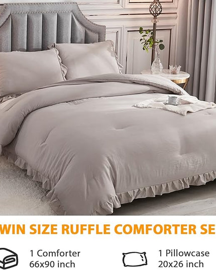 Andency Wheat Ruffle Comforter Set, 2 Pieces Kids Comforter Set Twin(66x90Inch), Farmhouse Shabby Chic Comforter Set, Soft Microfiber Kids Bedding Set - LeafyLoom