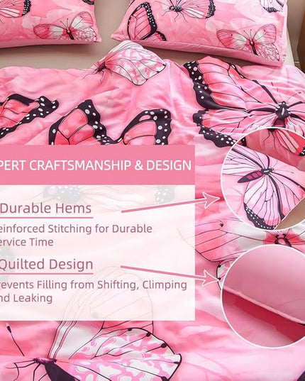 Btargot 3 Piece Pink Butterfly Girls Kids Adults Queen Size Comforter Set, Lightweight Soft All Season Bedding Set with 2 Pillowcases - LeafyLoom