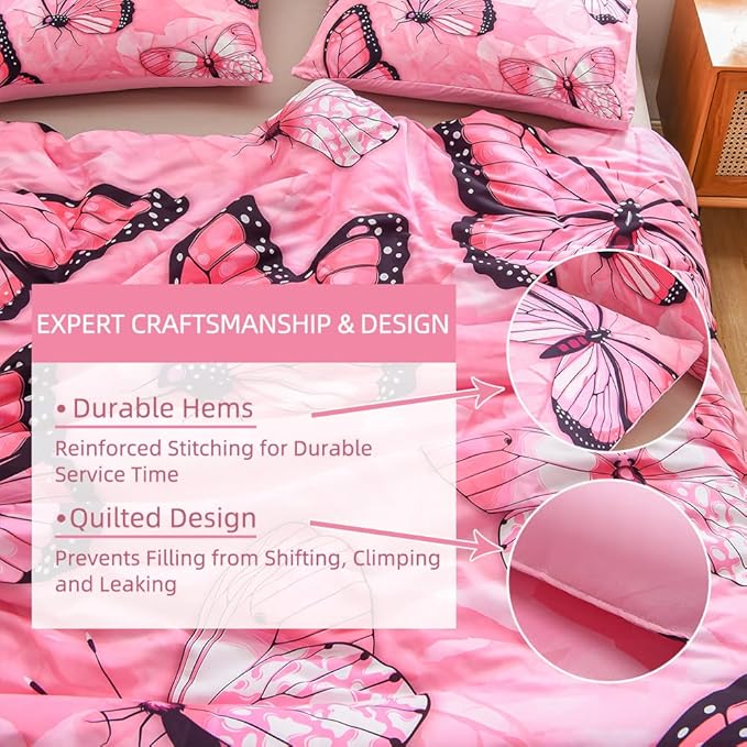 Btargot 3 Piece Pink Butterfly Girls Kids Adults Queen Size Comforter Set, Lightweight Soft All Season Bedding Set with 2 Pillowcases - LeafyLoom