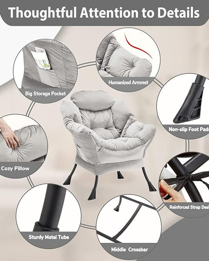 Lazy Chair Thick Padded, Accent Chair Velvet Upholstered with Wide Seat, Stable Metal Frame and Non-Slip Pad, Modern Sofa Armchair with Side Storage Bag for Dorm, Room, Office, Light Gray - LeafyLoom