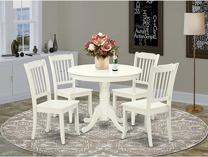 East West Furniture ANDA5-LWH-W Antique 5 Piece Set Includes a Round Kitchen Table with Pedestal and 4 Dining Room Chairs, 36x36 Inch - LeafyLoom