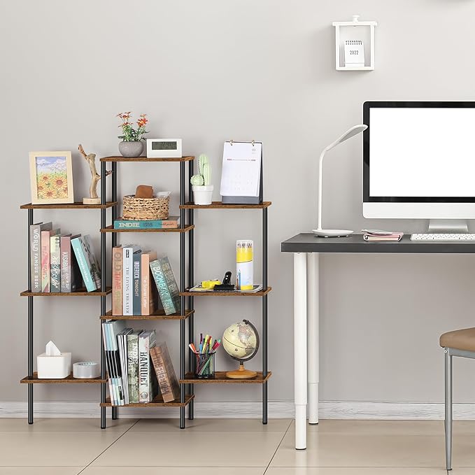 ETELI 4 Tier Small Bookshelf Triple Wide Bookcase with 10 Storage Shelves Open Shelf Book Shelf Book Case for Home & Office, Living Room, Industrial Style, 7.8" D x 37" W x 41.6" H - LeafyLoom