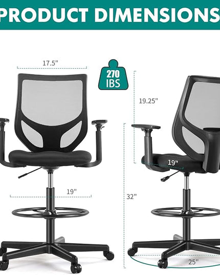 B0B744NKYL– Tall Drafting Chair - Tall Standing Office Desk Chair with Adjustable Foot Ring, Chair with Ergonomic Lumbar Support, Adjustable Height, Breathable Mesh color: DarkBlack - LeafyLoom