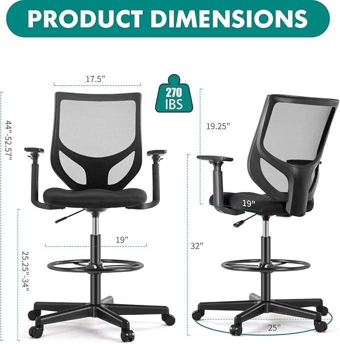 B0B744NKYL– Tall Drafting Chair - Tall Standing Office Desk Chair with Adjustable Foot Ring, Chair with Ergonomic Lumbar Support, Adjustable Height, Breathable Mesh color: DarkBlack - LeafyLoom