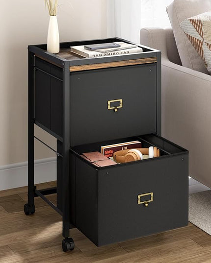 File Cabinet with 2 Drawers, Mobile Filing Cabinet Fits Letter Size or A4, Fabric Vertical File Cabinet on Wheels, File Cabinet for Home Office, Small Under Desk Storage Cabinet, Black - LeafyLoom