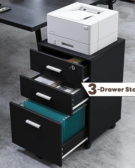 Maxtown 3 Drawer File Cabinet, Wood Filing Cabinet for Home Office, File Cabinet Office Drawer with Lock, Rolling Filing Cabinet for A4/Letter Size, Oak Grain - LeafyLoom