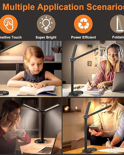 LED Desk Lamps for Home Office, Double Head Touch Desk Lamp with Wireless Charger, Dimmable Desk Light with USB Charging Port, Adjustable Reading Lamp, Eye-Caring Table Lamp with Night Light, 1H Timer - LeafyLoom