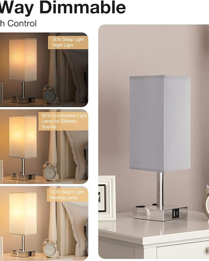 【Upgraded】Bedside Table Lamp Touch Control, with USB C+A Charging Ports & Dual AC Outlets, 3-Way Nightstand Lamp for Bedroom with LampShade Living Room Office(LED Dimmable Bulb Included) - LeafyLoom