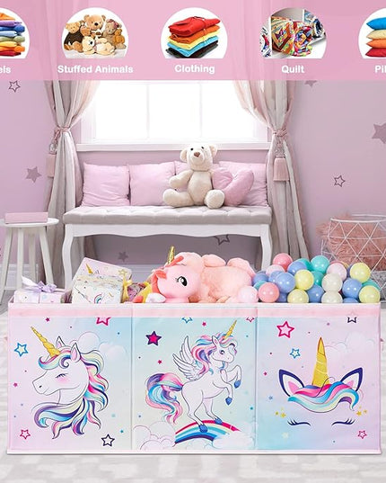 WERNNSAI Unicorn Toy Box Chest – Large Toy Chest Organizer with Flip-Top Lid Collapsible Sturdy Storage Bin with Handles 38 x 13 x 16 Inch for Kids Girls Pink Closet Nursery Living Room Bedroom - LeafyLoom