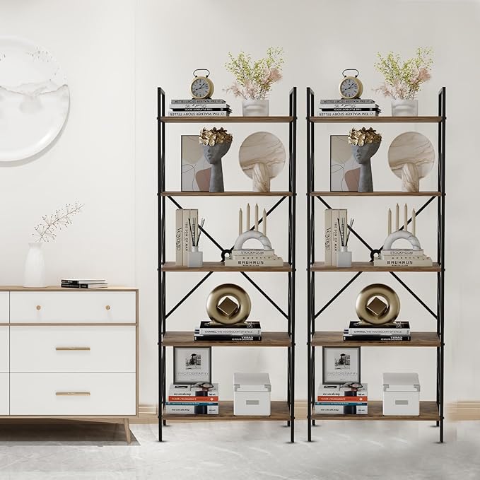 5 Tier Bookshelf Bookcase Wood Tall Bookshelf Open Shelf,Farmhouse Bookshelf Book case, Industrial Bookshelf Storage Organizer for Bedroom,Living Room,Office, Rustic Brown - LeafyLoom